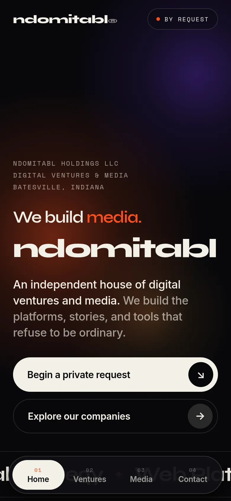 ndomitabl mobile app home screen with a Begin a private request button.